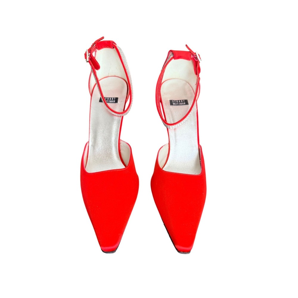 Vintage Stuart Weitzman Red Satin Pointed Toe Ankle Strap Rhinestone Heels Sz 10